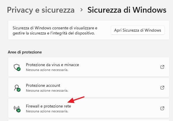 Windows 11 - Sicurezza di Windows: Firewall e protezione rete con spunta verde