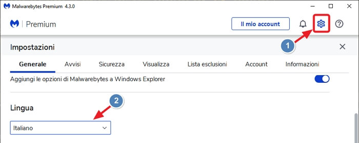 Malwarebytes - impostazione lingua Italiano