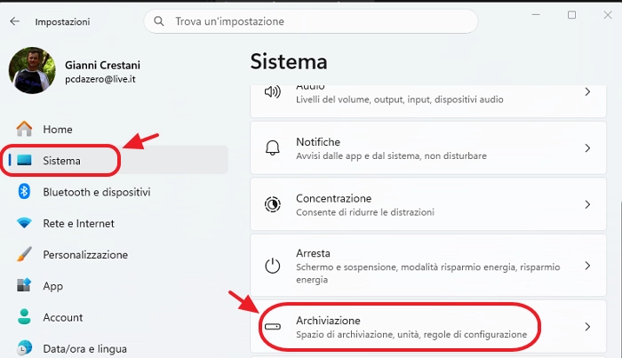 Windows 11/10 - Impostazioni > Sistema > Archiviazione