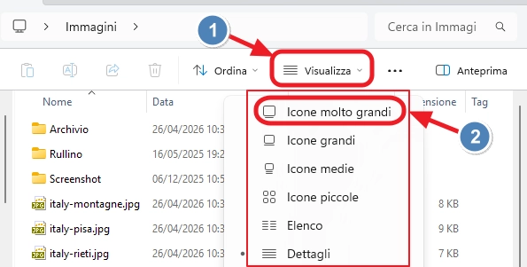 finestra esplora file con icone molto grandi