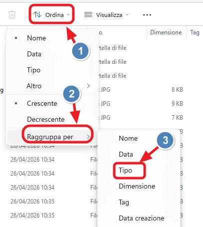 Raggruppa per tipo in Esplora File
