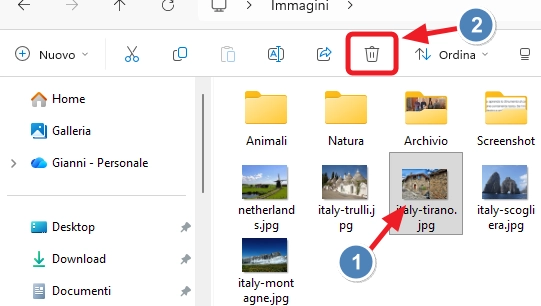 Eliminare un file dal menu in alto di Esplora File